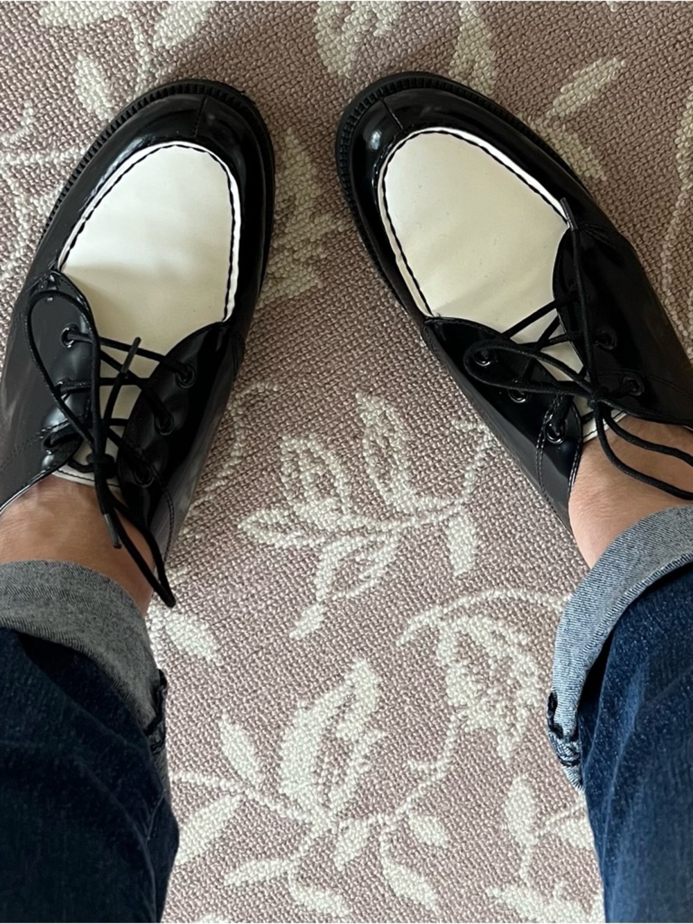 INTENTIONALLY BLANK Black and White Patent Leather menswear Style.